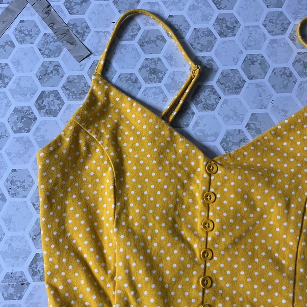 Forever 21 Small Yellow White Cropped Polka Dot Ruffle Tank Top - Picture 2 of 5
